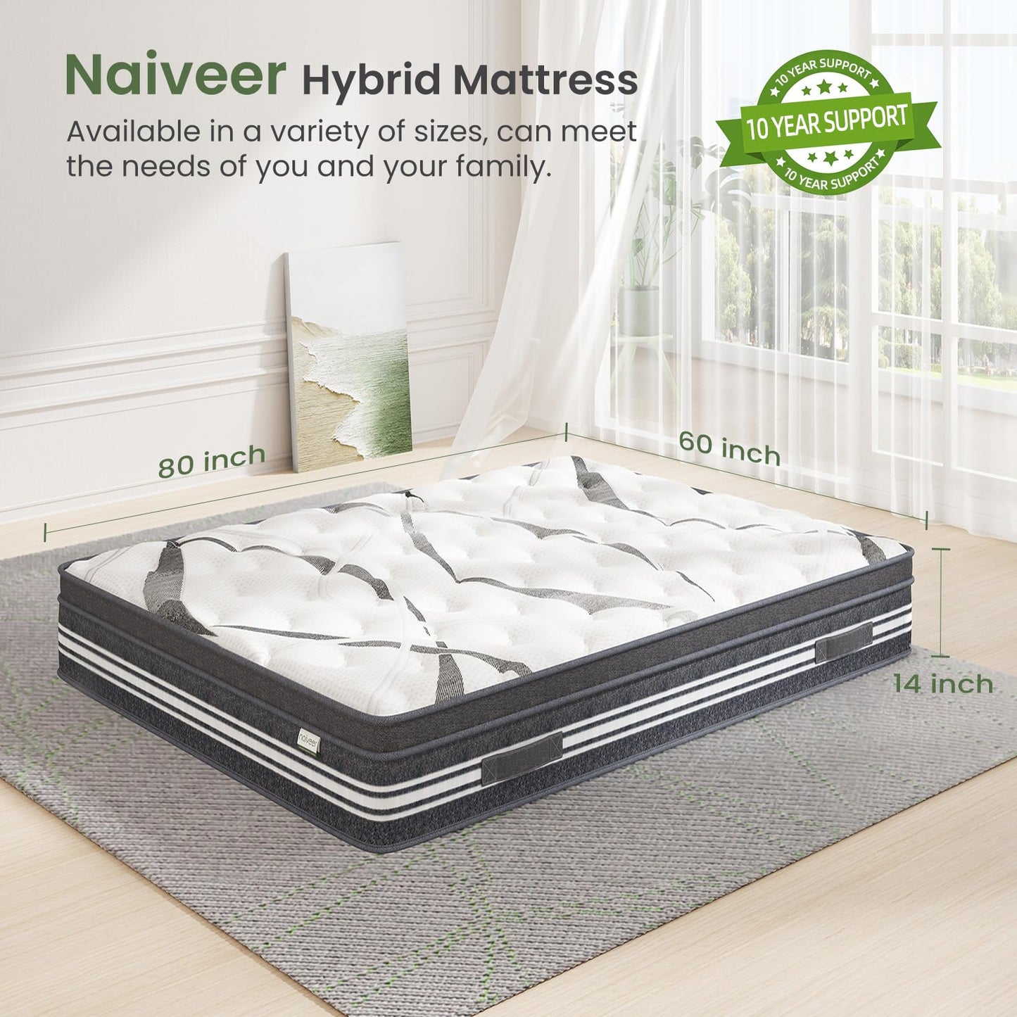 Naiveer Queen Mattress 14 Inch, Memory Foam Mattress with Innerspring, Queen Size Mattress in A Box, Hybrid Mattress Queen CertiPUR-US Certified, Medium Firm Mattress for Back Pain & Overweight