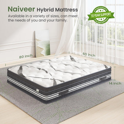 Naiveer Queen Mattress 14 Inch, Memory Foam Mattress with Innerspring, Queen Size Mattress in A Box, Hybrid Mattress Queen CertiPUR-US Certified, Medium Firm Mattress for Back Pain & Overweight