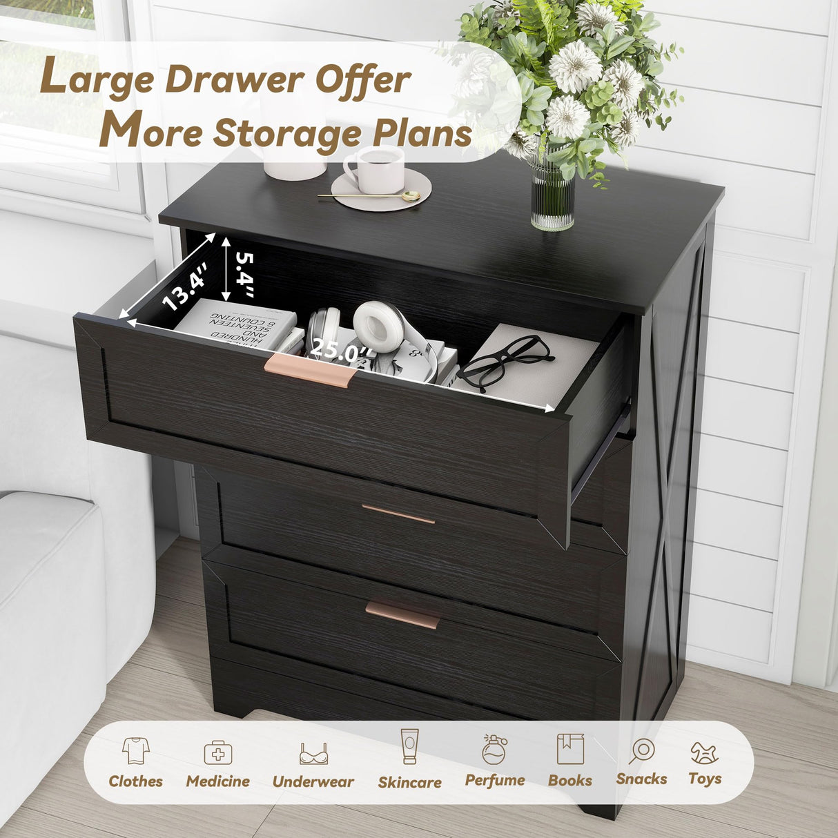 FTZxHKLX Modern 4 Drawer Dresser for Bedroom, Tall Bedroom Dresser with Large Drawer & Rose Gold Handles, Wooden Storage Organizer Cabinet Chest of Drawer for Closet, Living Room, Hallway, Black FTZxHKLX