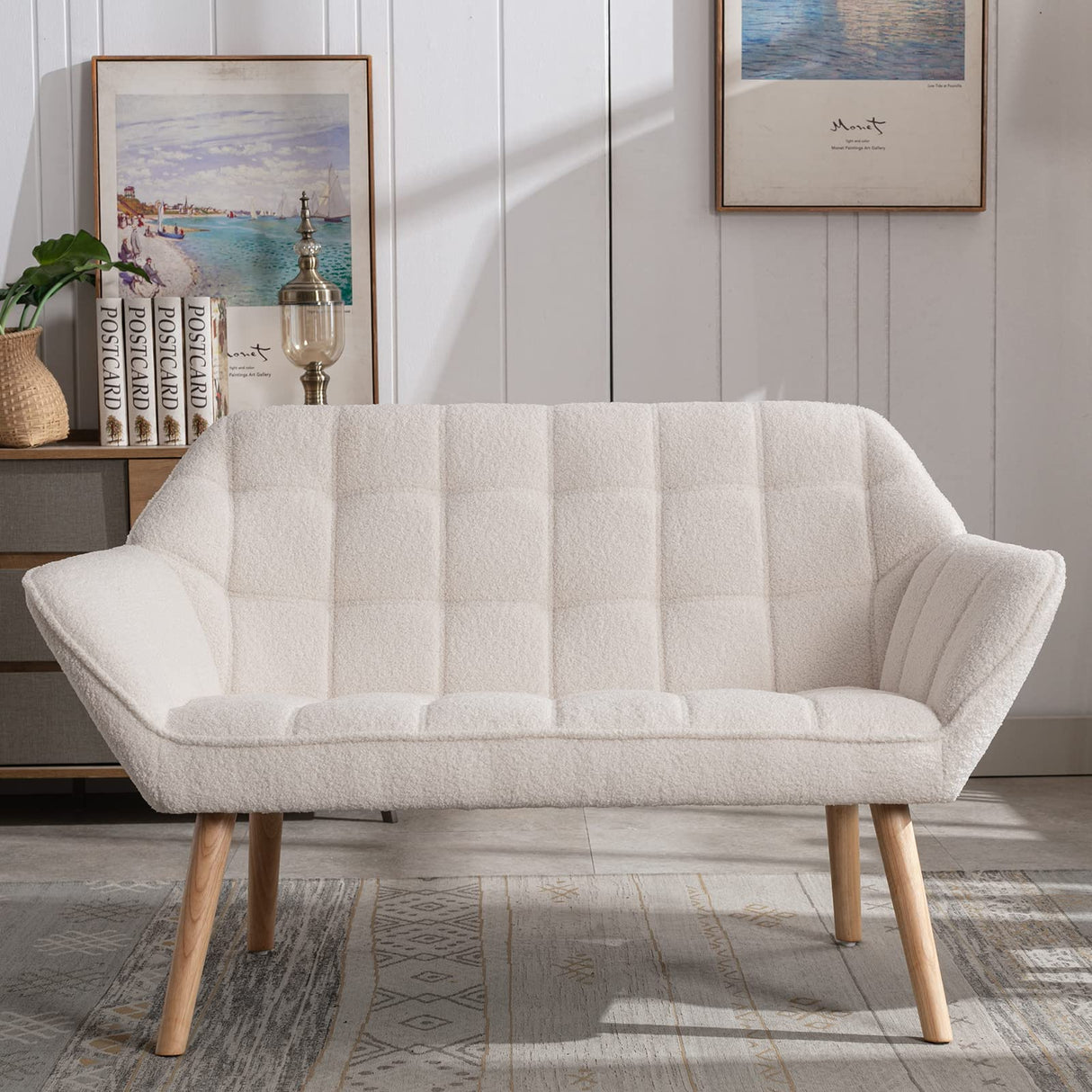ZH4YOU 48" Small Loveseat for Small Spaces, Upholstered Fluffy White Loveseat Sofa, Mid Century Modern 2-Seater Couch with Armrest and Wood Legs for Bedroom, Living Room, Apartment, White ZH4YOU