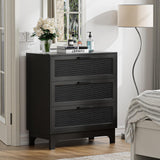 Anmytek 35" H Black Rattan Dresser, Farmhouse 3 Drawer Dresser with Natural Rattan Spacious Chest of Drawers for Living Room, Nursery, Hallway H0096 Anmytek