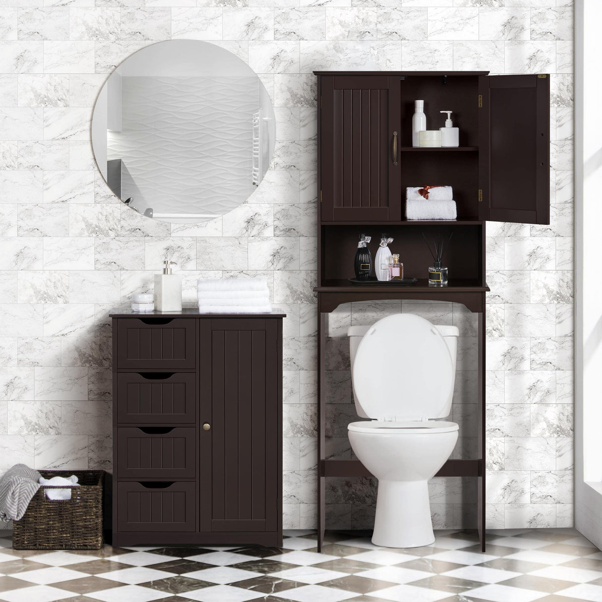 Yaheetech Large Bathroom Floor Cabinet with 4 Drawers and Single Door Cabinet, Freestanding Storage Cabinet for Living Room Kitchen Hallway, Espresso Yaheetech