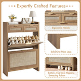 HOKYHOKY Rattan Shoe Storage Cabinet with 2 Drawers & 2 Flip Drawers – Hidden Slim Shoe Organizer for Entryway, Large Tabletop Space, Farmhouse Boho Narrow Shoe Rack, Rustic Oak HOKYHOKY