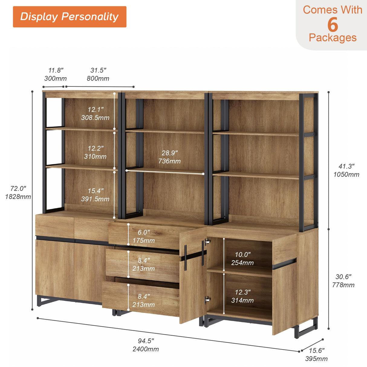 WAMPAT 3 PCS Modern 72" Tall Bookcase with 3 Drawers and Adjustable Shelves, Library Book Shelf with Storage Cabinet and Open Shelving, Wood Freestanding Bookshelves for Home Office, Living Room, Oak WAMPAT