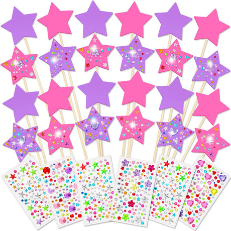 Juexica 30 Pcs Princess Fairy Wand Kit Includes 24 Make Your Own Princess Craft Unfinished Wooden Fairy Wand and 6 Gem Stickers for Girls DIY Magical Crafts(Pink,Purple) Juexica