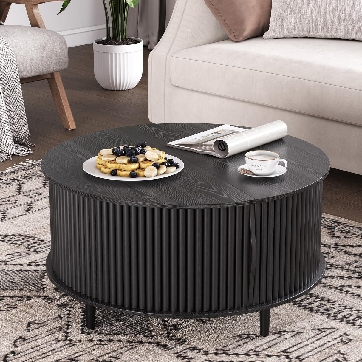 JOINICE,Round Coffee Table with Storage,Mid Century Modern Coffee Table with Sliding Cabinet Door,Wood Coffee Table for Living Room,31.5" Small Center Table,Black JOINICE