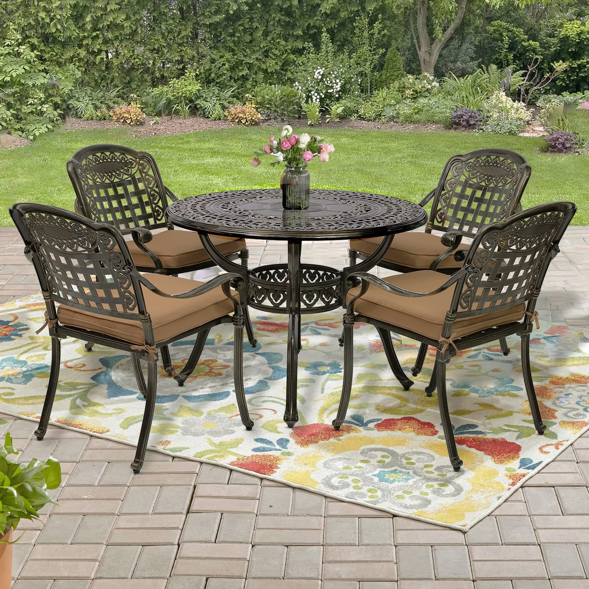 SOCIALCOMFY 5-Piece Outdoor Patio Dining Set, All-Weather Cast Aluminum Furniture Conversation Set, Include 4 Cushioned Chairs and a 38.5” Round Table with Umbrella Hole for Balcony, Lawn, Khaki SOCIALCOMFY