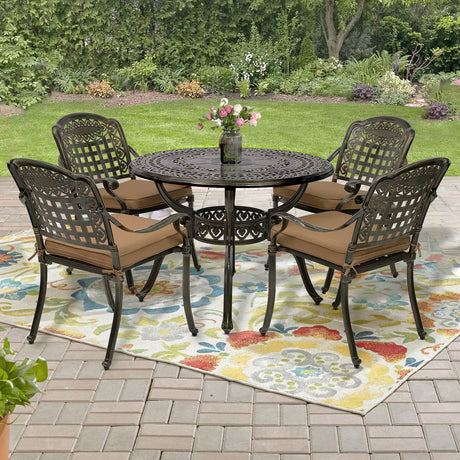 SOCIALCOMFY 5-Piece Outdoor Patio Dining Set, All-Weather Cast Aluminum Furniture Conversation Set, Include 4 Cushioned Chairs and a 38.5” Round Table with Umbrella Hole for Balcony, Lawn, Khaki SOCIALCOMFY