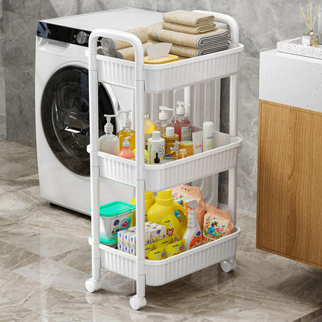 JOYZAN 3 Tier Rolling Carts with Wheels, Utility Cart with Handle and Locking Caster, Storage Cart for Kitchen, Office, Bedroom, Suitable for Diaper, Art Tools, Snack, Craft Storage Cabinet, White JOYZAN