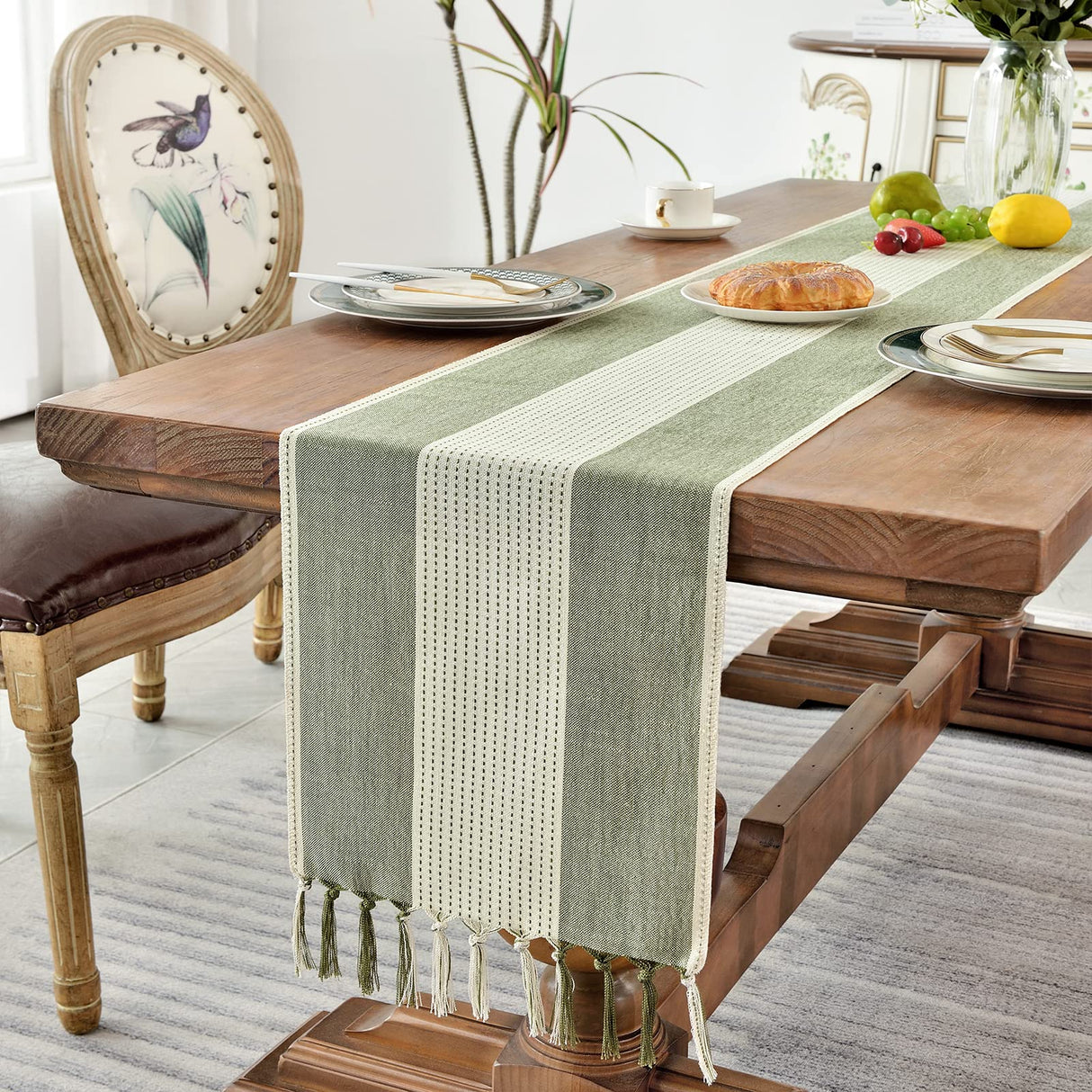Wracra Linen Table Runner, Farmhouse Macrame Table Runners 72 Inches Long for Dining Table Decor, Wedding, Party and Dresser Decor (Sage Green,72") Wracra