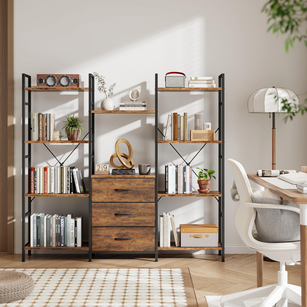 AFLUI Triple Bookshelf with 3 Fabric Drawers, 4-Tier Book Shelf and 10 Display Shelves, Industrial Large Bookcase for Home & Office, Rustic Brown, 59'' Wide AFLUI