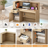 55" Reception Desk with LED Lights Power Outlets,L-Shaped Modern Front Desk Reception Room Table with Cable Grommet,Lockable Drawers,Retail Checkout Counter for Lobby,Salon,Home Office Desk,Oak Hlivelood