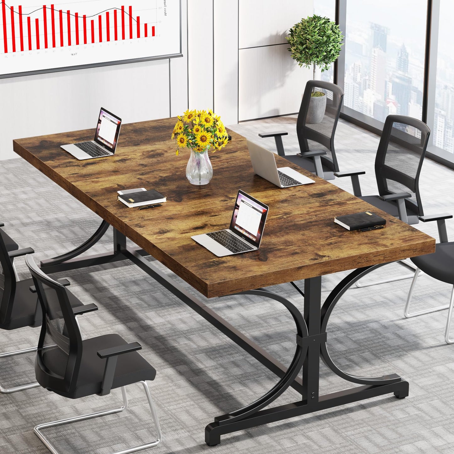 Tribesigns Meeting Seminar Table for 4-6 People, 62.4-Inch Rectangle Conference Table Conference Room Table with Thick Wooden Tabletop and X-Shaped Metal Legs for Home Office, Rustic Brown &  - WoodArtSupply