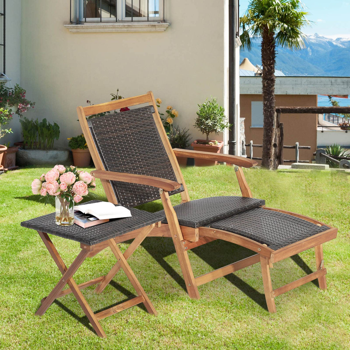 Tangkula Patio Lounge Chair and Side Table Set, Acacia Wood Wicker Folding Table and Armrest Chair with Retractable Ottoman, Outdoor Chaise Lounger for Garden, Backyard, Poolside, Balcony Tangkula