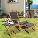 Tangkula Patio Lounge Chair and Side Table Set, Acacia Wood Wicker Folding Table and Armrest Chair with Retractable Ottoman, Outdoor Chaise Lounger for Garden, Backyard, Poolside, Balcony Tangkula