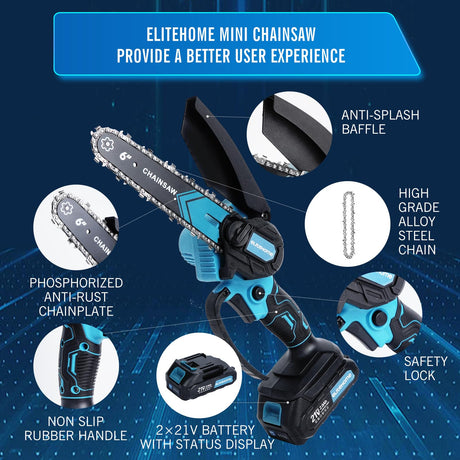 Mini Chainsaw Cordless Mini Chain Saw 6 Inch 2×2.0AH Batteries 2 Chains Electric Handheld Small Chainsaw Battery Powered for Wood Cutting Tree Trimming Courtyard Household and Garden EliteHome