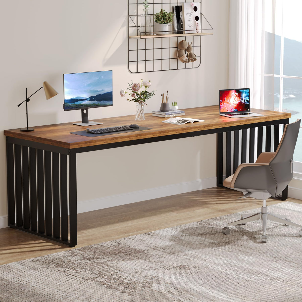Tribesigns 78.74" Extra Long Computer Desk 2 Person Desk, Double Long Desk with Heavy Duty Metal Frame, Double Workstation Study Desk for Home Office, Brown (Without Chair) Tribesigns