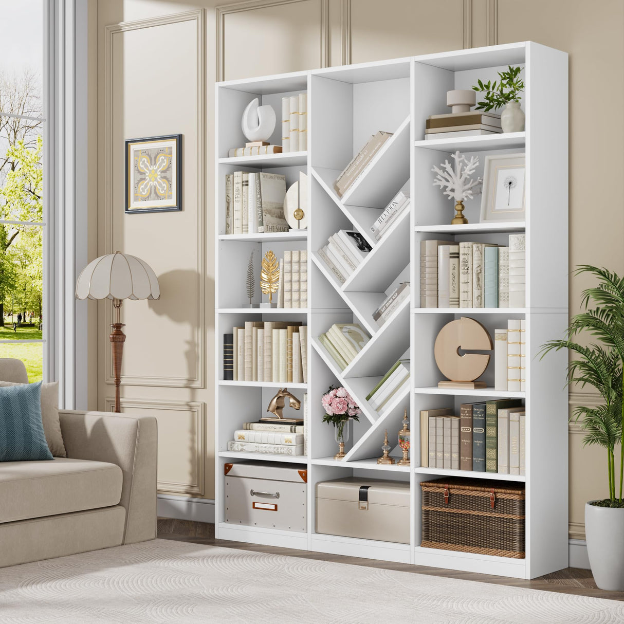 Nosepen 71" White Bookshelf, 6-Tier Floor Standing Bookcase with 13 Square Storage, Tall Bookshelf with Adjustable Shelves, Modern Tree Style Display Organizer for Office, Living Room, Library, White Nosepen