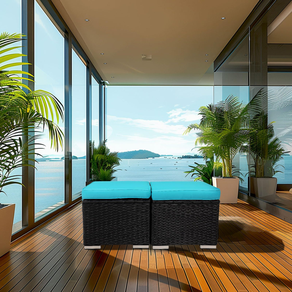 Y Enjoy 2-Pieces Outside Rattan Ottomans，Multipurpose Outdoor Furniture for Patio, Backyard, Additional Seating, Footrest, Side Table w/Storage, Removable Cushions Y ENJOY YOUR DAY I YING