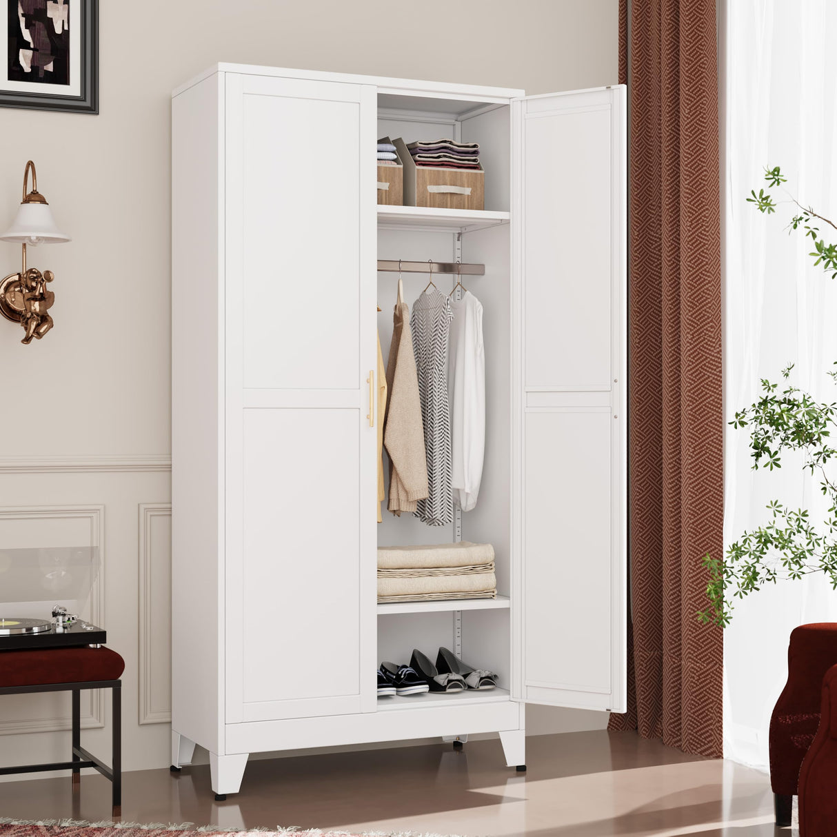 GAIOUS Metal Wardrobe Cabinet with Hanging Rod, 71" Metal Clothing Storage Cabinets with 2 Doors and Adjustable Shelves, White Armoire Wardrobe Closet for Bedroom, Laundry Room, Cloak Room GAIOUS