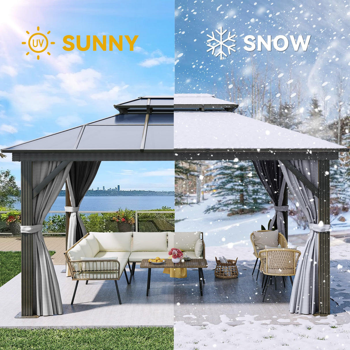 YITAHOME 10X12FT Hardtop Polycarbonate Gazebo Outdoor Patio Double Top Canopy Galvanized Iron Aluminum Column Garden Tent Curtains Netting for Backyards Decks Lawns,Gray YITAHOME