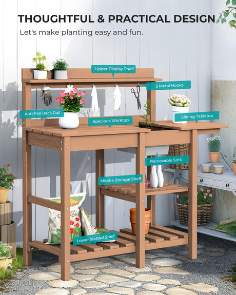 SERWALL Potting Bench Outdoor Potting Table with Sink, HDPE Potting Benches for Outside Gardening Table All Weather Use- Brown SERWALL