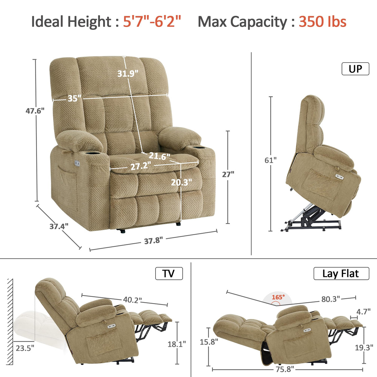 MCombo Oversized Power Lift Recliner Chair for Elderly, Dual Motor Lift Chair with Heat and Massage, Lay Flat Lift Chair for Big and Tall, Cup Holders, Fabric R7891 (Oversize, Beige) MCombo