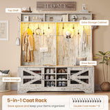 Itaar Hall Tree with Bench and Shoe Storage, 5-in-1 Entryway Bench with Coat Rack, 16 Shoe Cubbies & 12 Coat Hooks, Barn Door & Adjustable Shelf (Vintage White) Itaar