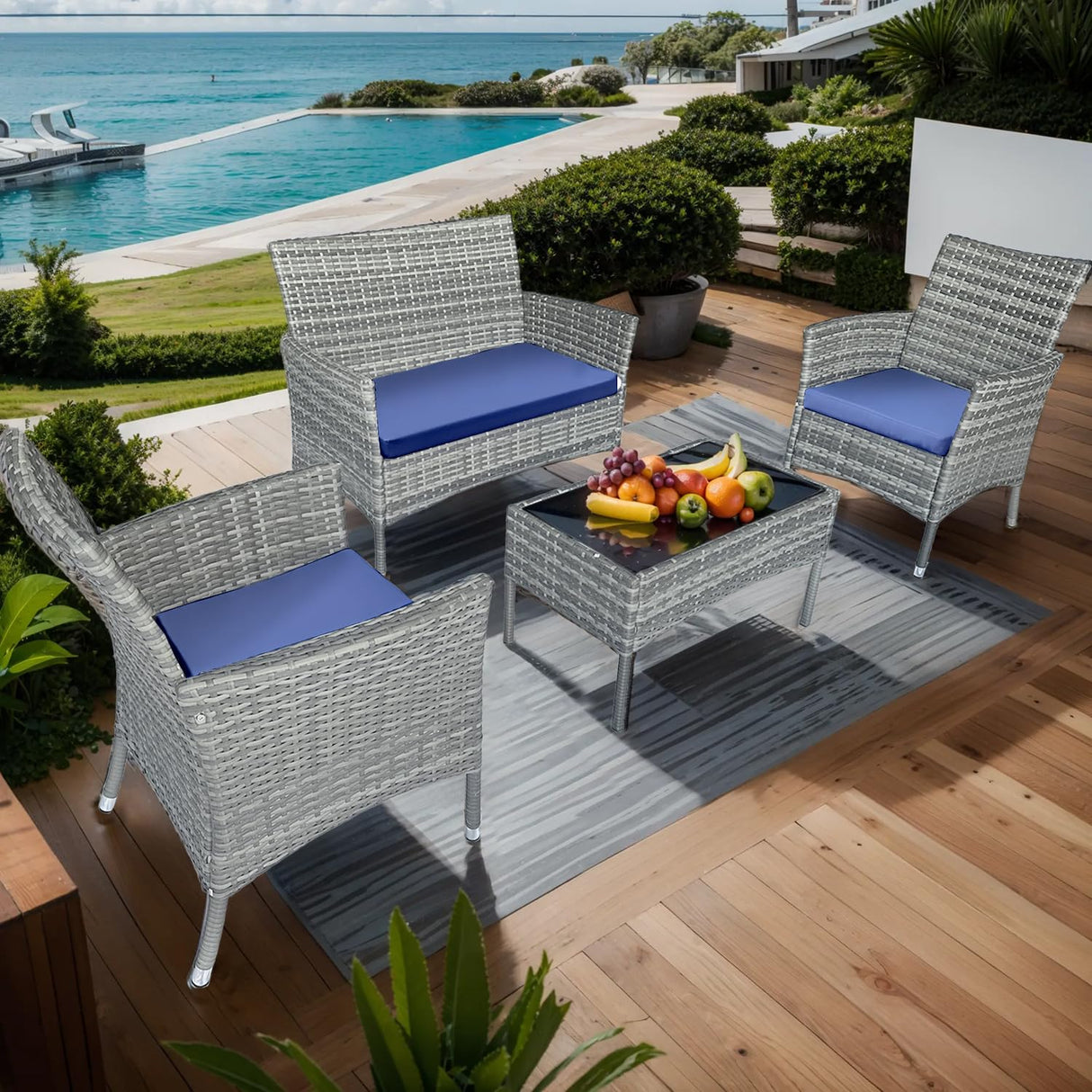 Patio Furniture Set 4 Pieces,Rattan Wicker Double Sofa, Coffee Table,Conversation Outdoor Sets, with Coffee Table and Soft Cushions, Garden Balcony Backyard Lounge Chairs (Gray+Blue Cusion) Generic