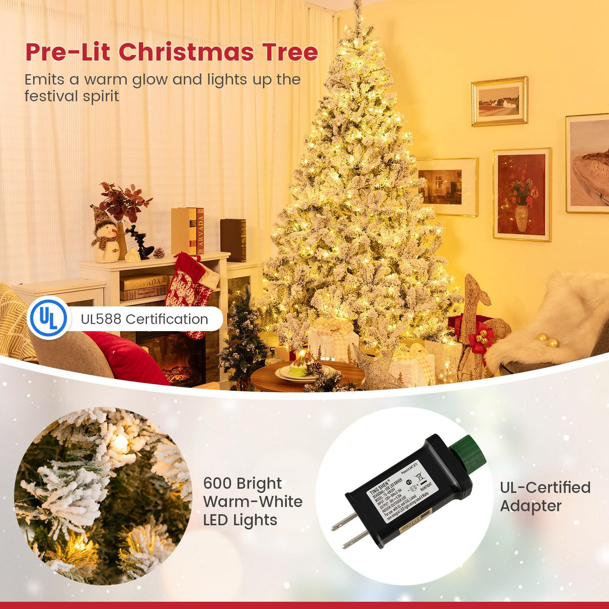 Goplus 3-Minute-Setup Pre-Lit Snow Flocked Christmas Tree, 8ft Artificial Hinged Xmas Tree with 600 Warm-White LED Lights, 1370 Branch Tips, Upgraded Metal Stand, for Office Home Holiday Decor Goplus