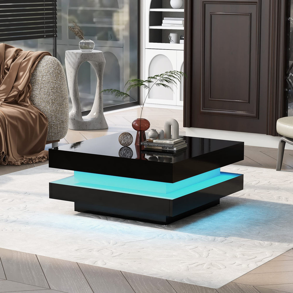 LED Coffee Table Modern High Gloss Cocktail End Table with 16-Color LED Lights, 2-Tier Square Coffee Table,Center Table for Living Room (Black) Harper & Bright Designs