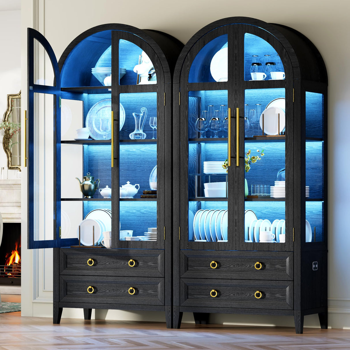 Vlsrka 71" Arched Display Cabinet with Glass Doors, 4-Tier Curio Cabinet with 3 Color Lights for Collectibles, Glass Display Case with Human Body Sensor, Display Shelf with 2 Drawers, Black Vlsrka