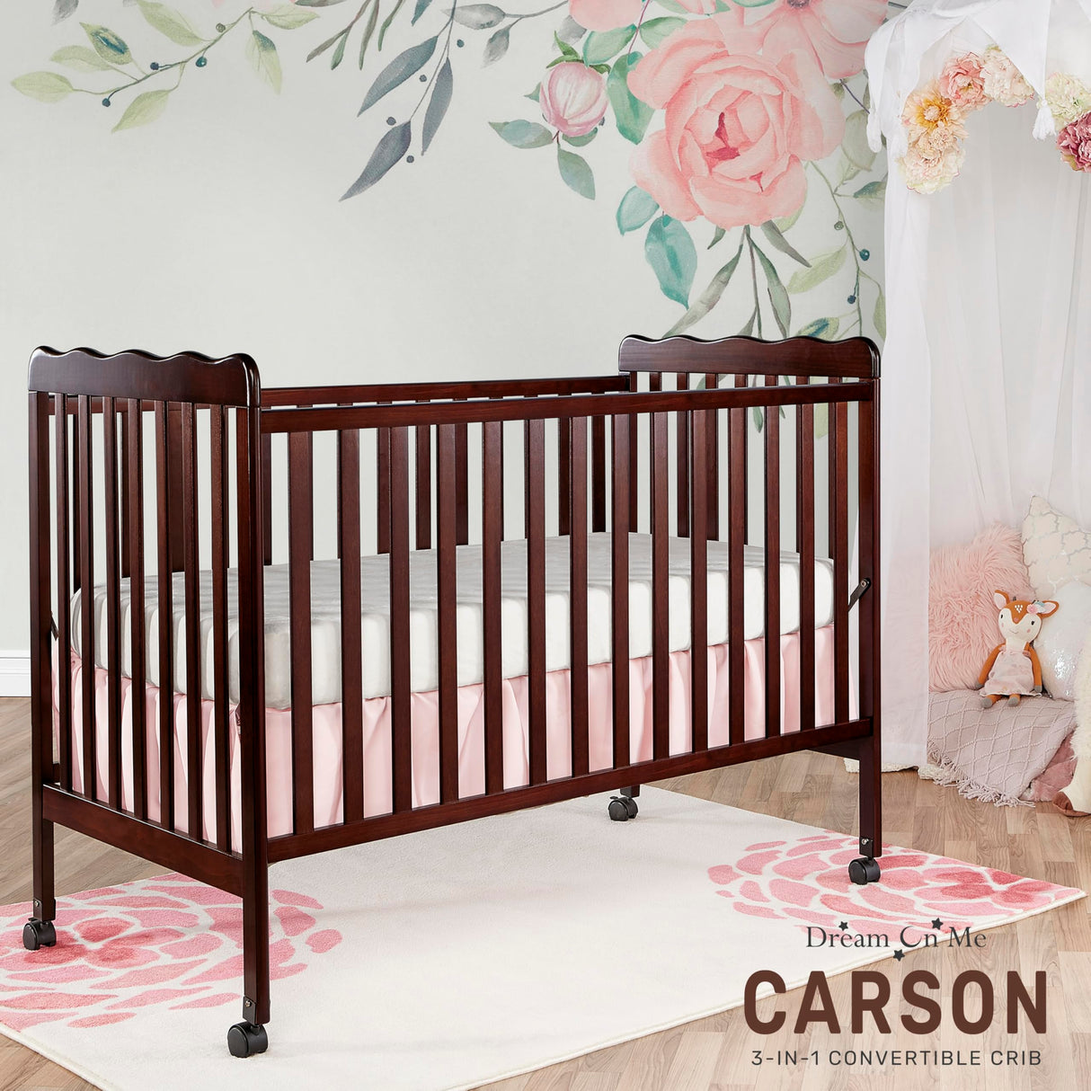 Dream On Me Carson Classic 3-In-1 Convertible Crib In Espresso, Made Of Sustainable Pinewood, Non-Toxic Finish, Comes With Locking Wheels, Wooden Nursery Furniture Dream On Me