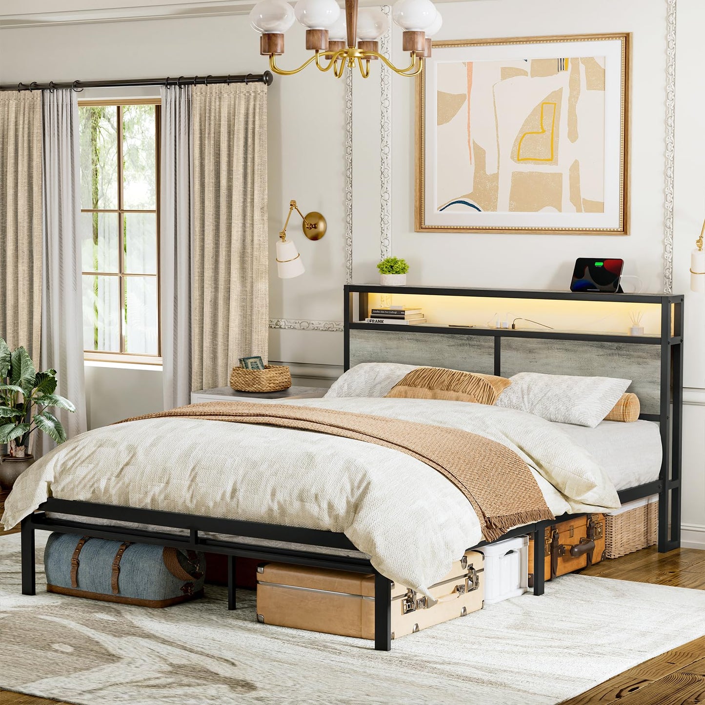 HAUSOURCE King Bed Frame with LED Storage Headboard & Metal Platform Support - WoodArtSupply