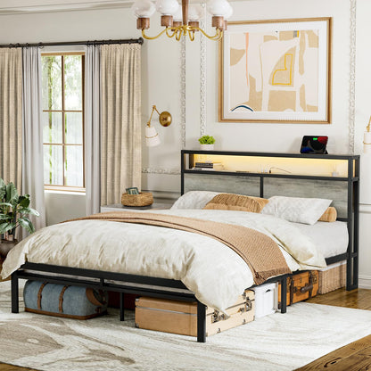 HAUSOURCE King Bed Frame with LED Storage Headboard & Metal Platform Support - WoodArtSupply