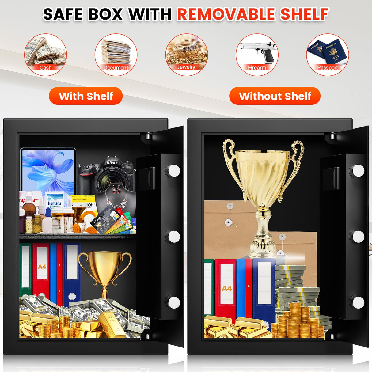 3.6 Cuft Biometric Fireproof Safe Box, Large Home Safes Fireproof Waterproof with Digital Programmable Keypad Keys, Dual Smart Alert, Security Fingerprint Fire Safe Box for Document Valuables Jewelry Povanje