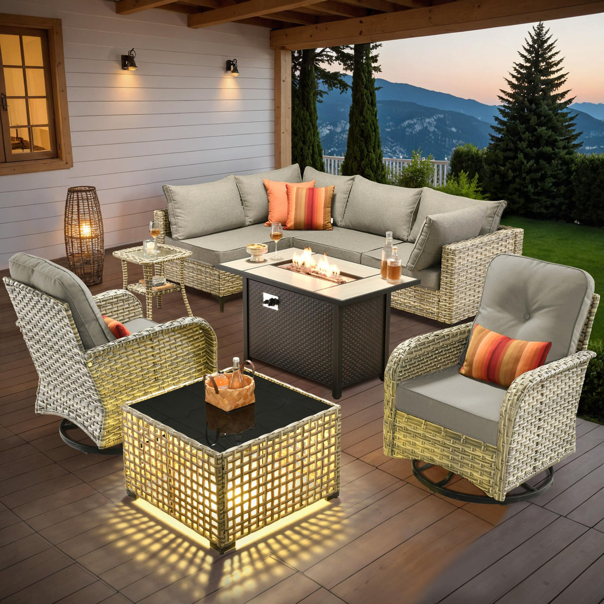 Outdoor Sectional Patio Furniture Set with Swivel Rocking Chairs,9 Pieces Wicker Conversation Sets L Shaped Couch Out Door Sofa Set Outside Furniture for Garden Deck Yard Porch,Dark Grey POUUIN