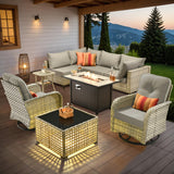 Outdoor Sectional Patio Furniture Set with Swivel Rocking Chairs,9 Pieces Wicker Conversation Sets L Shaped Couch Out Door Sofa Set Outside Furniture for Garden Deck Yard Porch,Dark Grey POUUIN