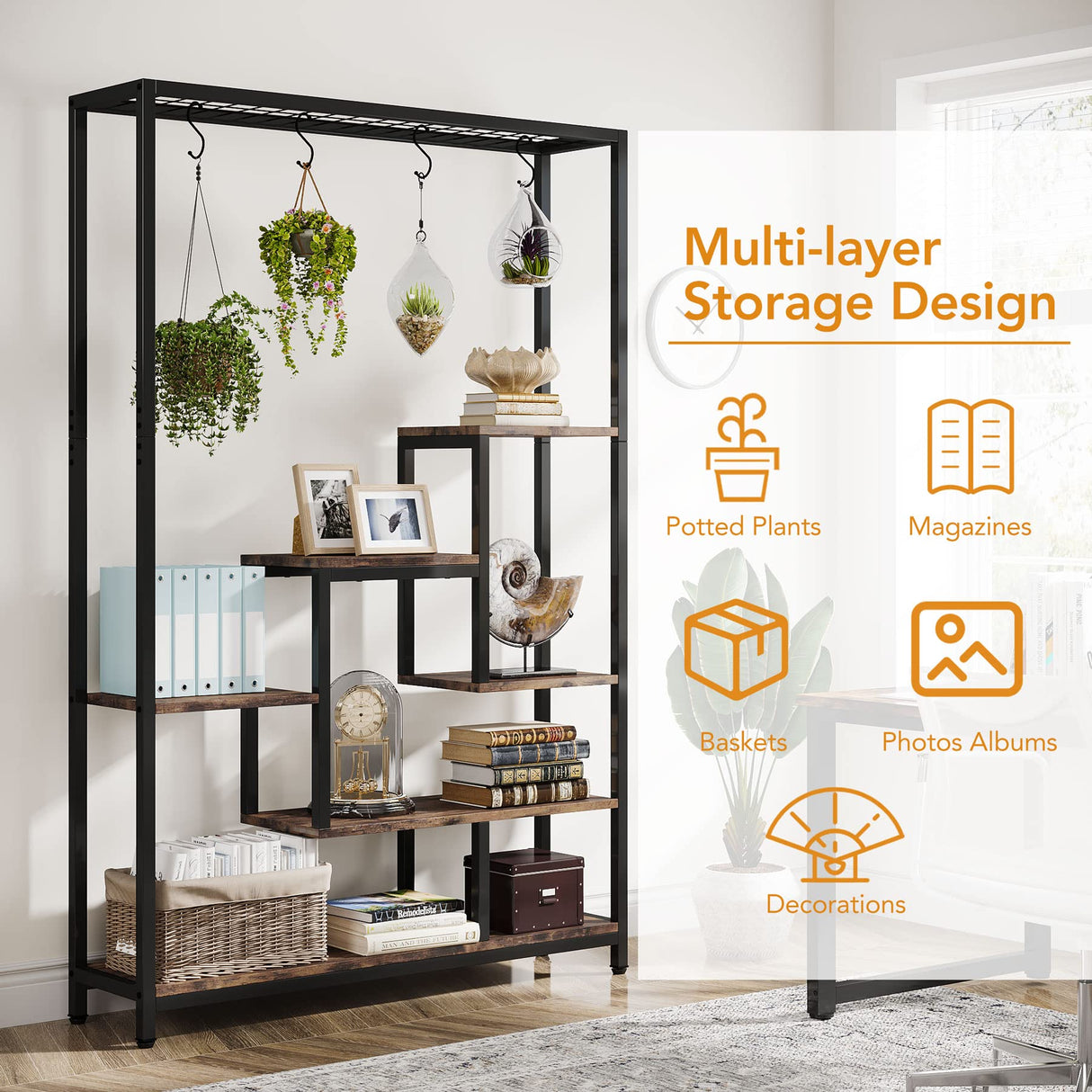 Tribesigns 5-Tier Tall Indoor Plant Stand, 70.9 inches Large Metal Plant Shelf with 6PC S Hanging Hooks, Multi-Purpose Flower Bonsai Pots Display Rack for Indoor, Garden, Balcony, Living Room Tribesigns