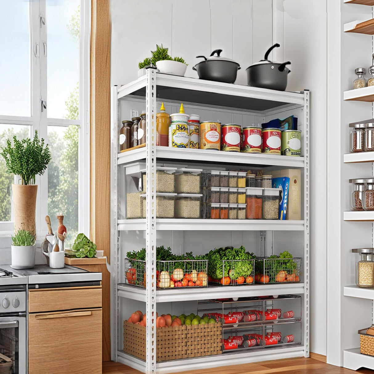 ZEUKMXOO Storage Shelving Unit, 5 Tier Garage Shelves Heavy Duty, 60''H Adjustable Metal Shelving Unit,2000LBS Black for Pantry, Basement, Warehouse, Kitchen, Pantry and Closet (1, White) ZEUKMXOO