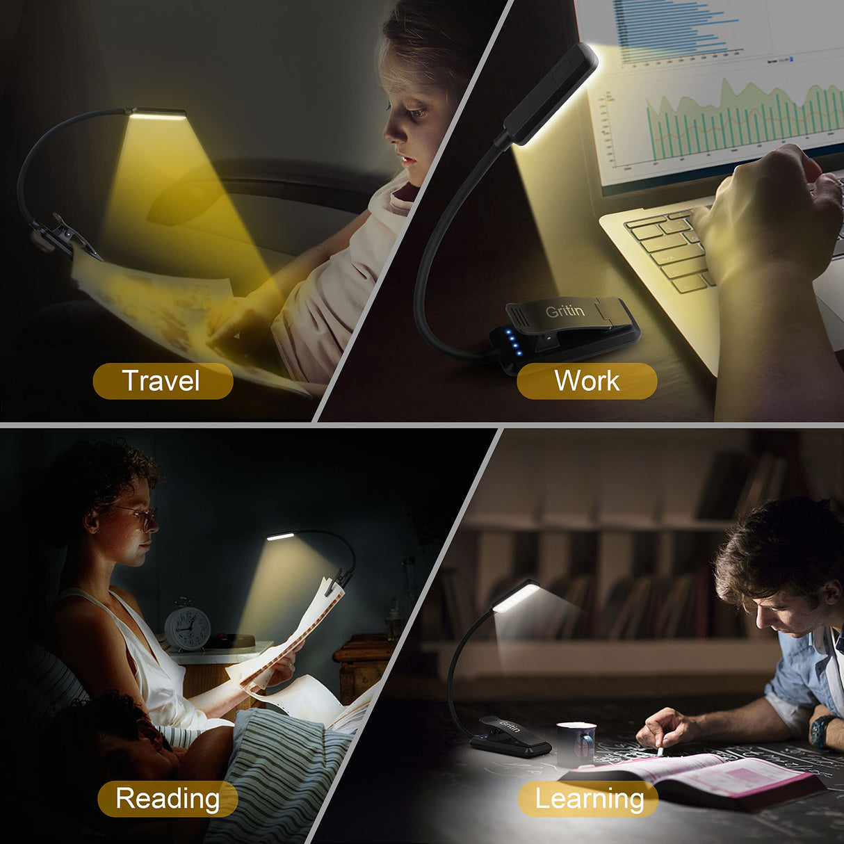 Gritin 9 LED Rechargeable Book Light for Reading in Bed - Eye Caring 3 Color Temperatures,Stepless Dimming Brightness,80 Hrs Runtime Small Lightweight Clip On Book Reading Light for Studying Gritin