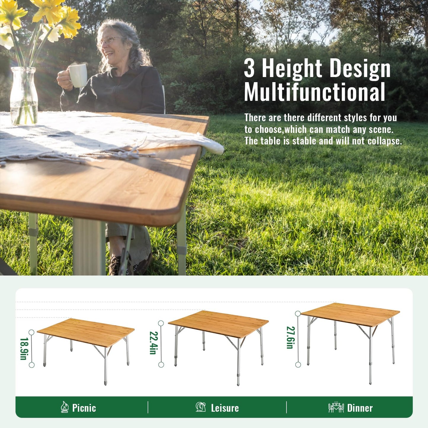 KingCamp Bamboo Folding Table Portable Camping Table Adjustable Height Camp Table 2-Folds for Travel, Picnic, Beach, Outdoor and Indoor, 4-6 People - WoodArtSupply