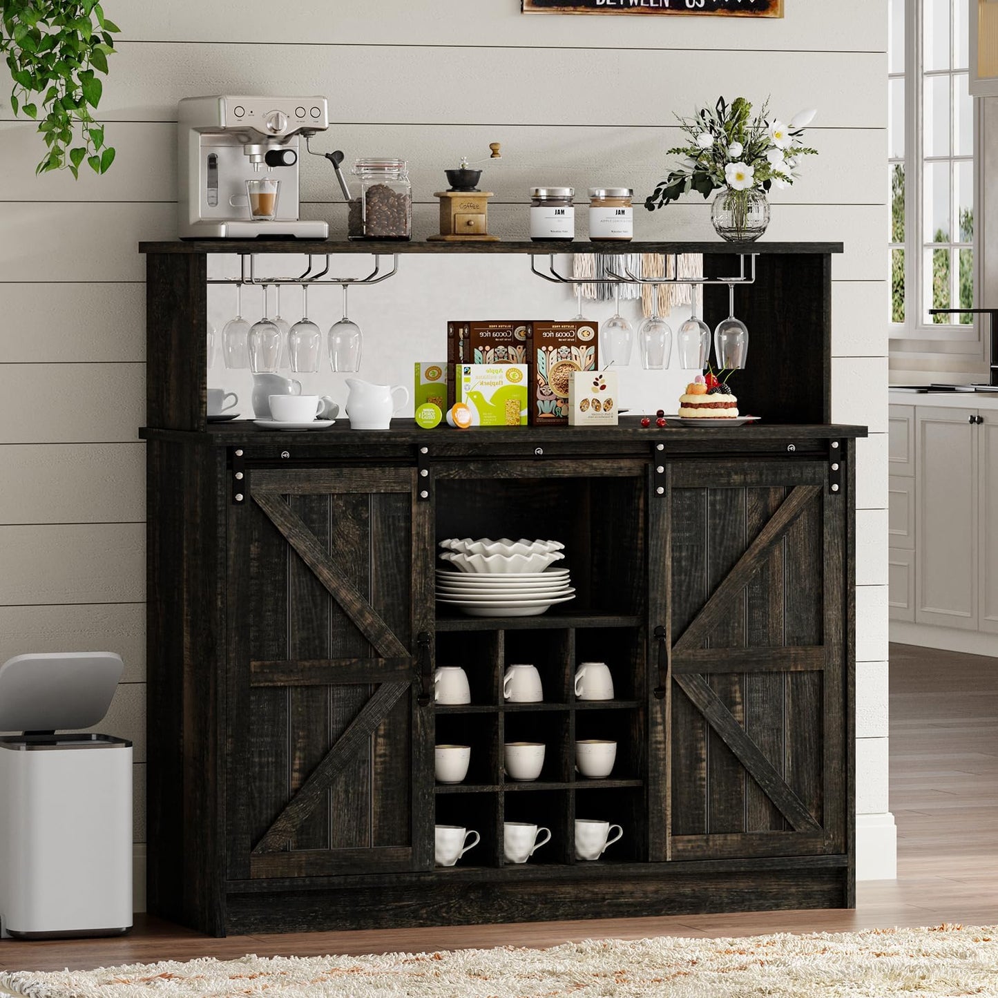 4 EVER WINNER Wine Bar Cabinet with LED Light, 47" Home Bar Cabinet with Wine and Glass Rack, Sliding Barn Doors, Farmhouse Coffee Liquor Cabinet for Dining Living Room, Dark Rustic Brown