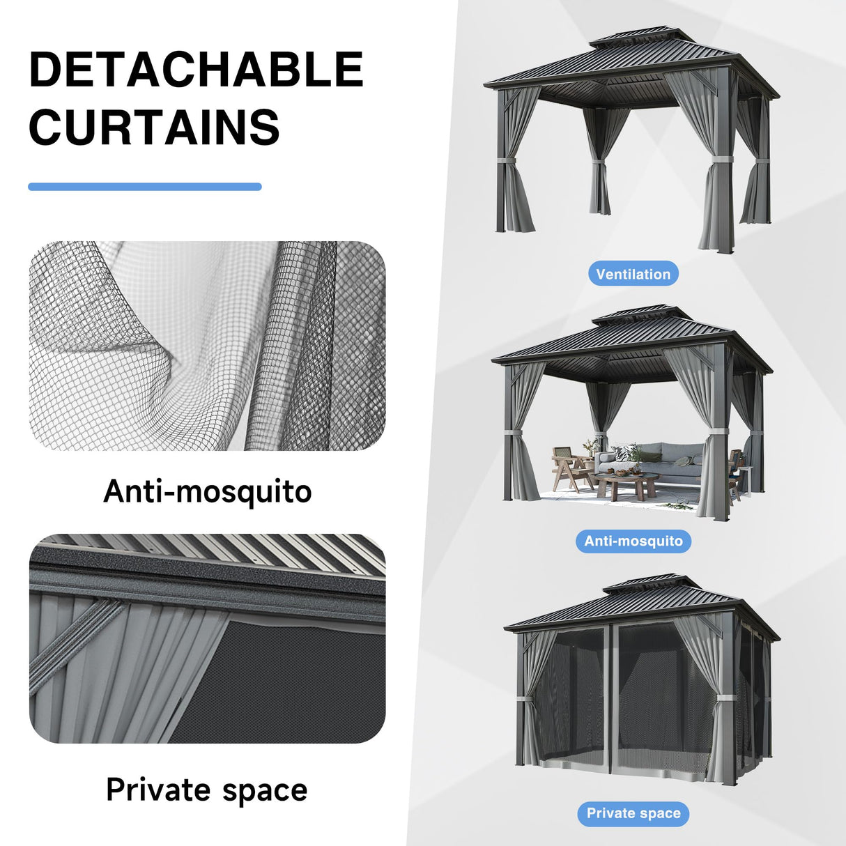 Airwire 10x12 FT Gazebo Hardtop Gazebo Aluminum Pergola with Aluminum Frame, Double Galvanized Steel Roof, Curtains and Netting Included Outdoor Gazebos Canopy for Patio, Backyard, Deck, Lawn,Grey AirWire
