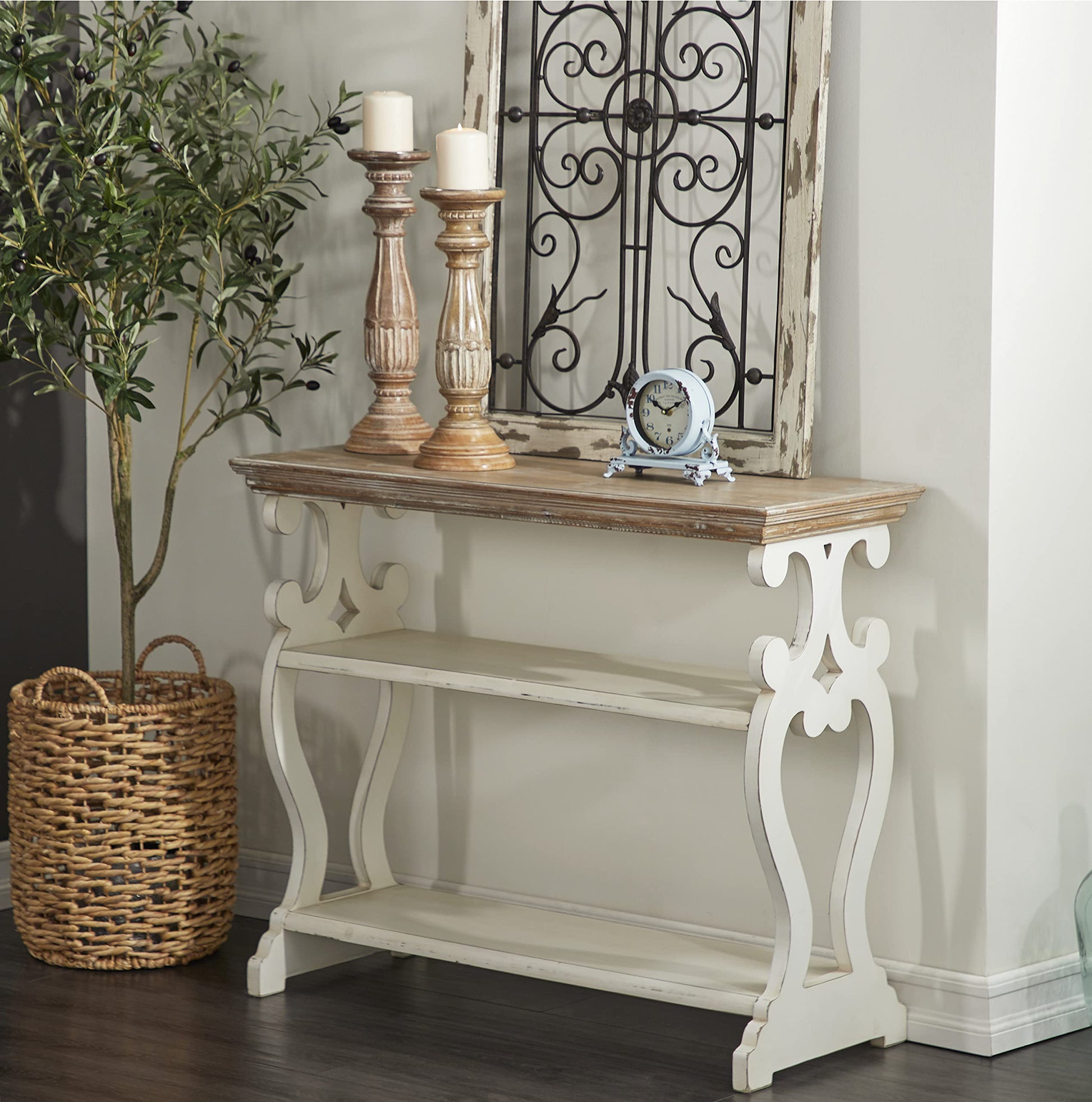 Deco 79 Farmhouse Wood Console Table or Living Room, Entry Way, Hallway, 38" x 15" x 32", White/Brown - WoodArtSupply