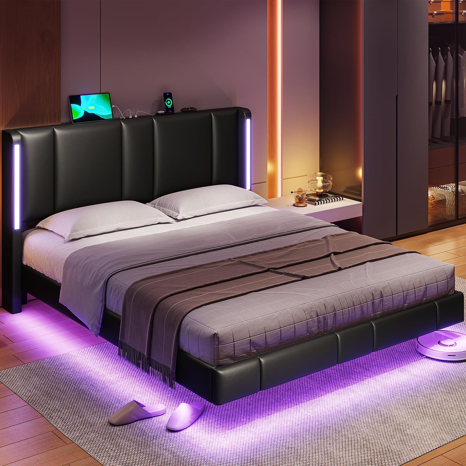 MSmask Floating Queen Bed Frame with LED Lights, Faux Leather Headboard & USB Ports - WoodArtSupply