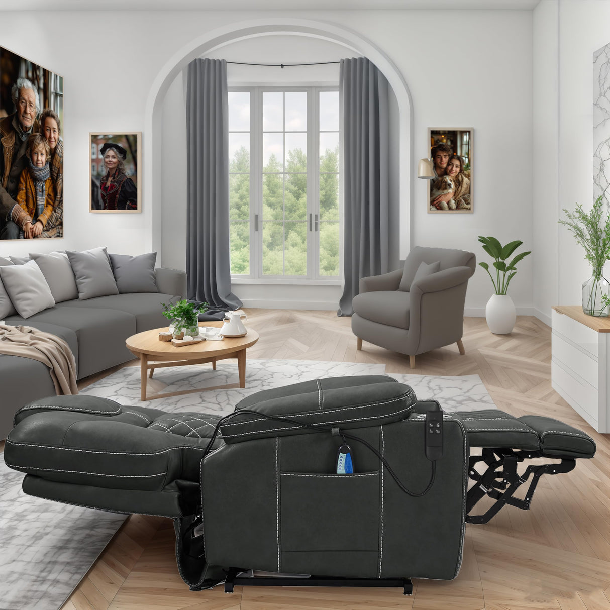 PUG258Y Power Lift Recliner for Seniors: 9988 High Density Foam Lift Chair With Heat and Massage, Reclining To 180, 2 Pockets Cup Holders, 2 Remote Controls, Dual OKIN Motors - Breathable Leather Gray PUG258Y