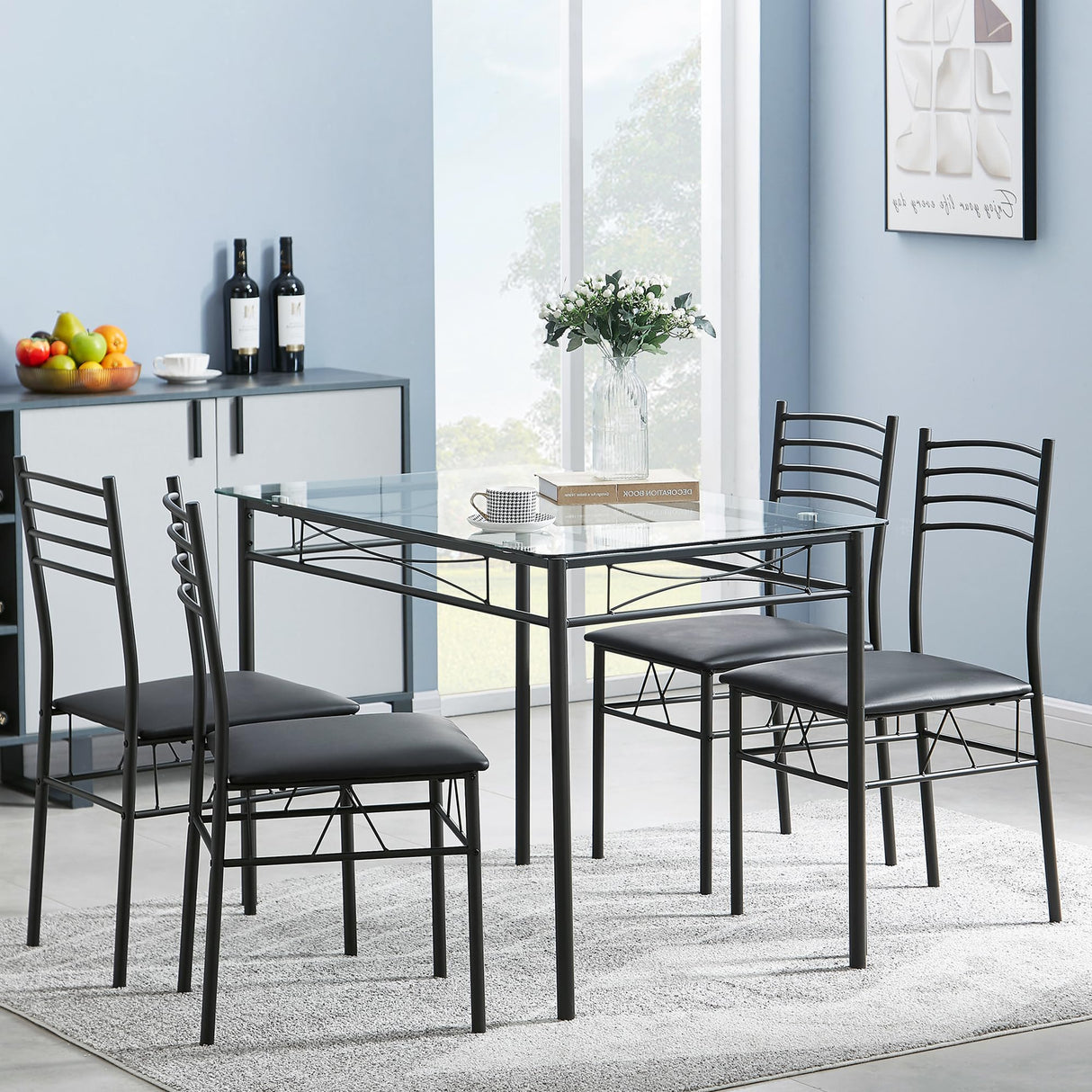 VECELO Kitchen Dining Table and Chairs Set for 4, PU Padded Seat & Glasses Tabletop, Space Saving, Matte Black VECELO