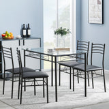 VECELO Kitchen Dining Table and Chairs Set for 4, PU Padded Seat & Glasses Tabletop, Space Saving, Matte Black VECELO