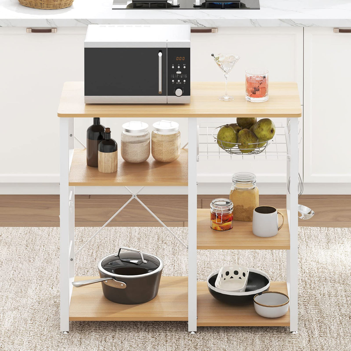 soges Kitchen Bakers Rack with 5 Hooks, Microwave Stand, Coffee Bar Station, Industrial Storage Shelf with Wire Basket, Adjustable Feet, Sturdy Metal Frame for Kitchen, Pantry, Living Room, Maple soges